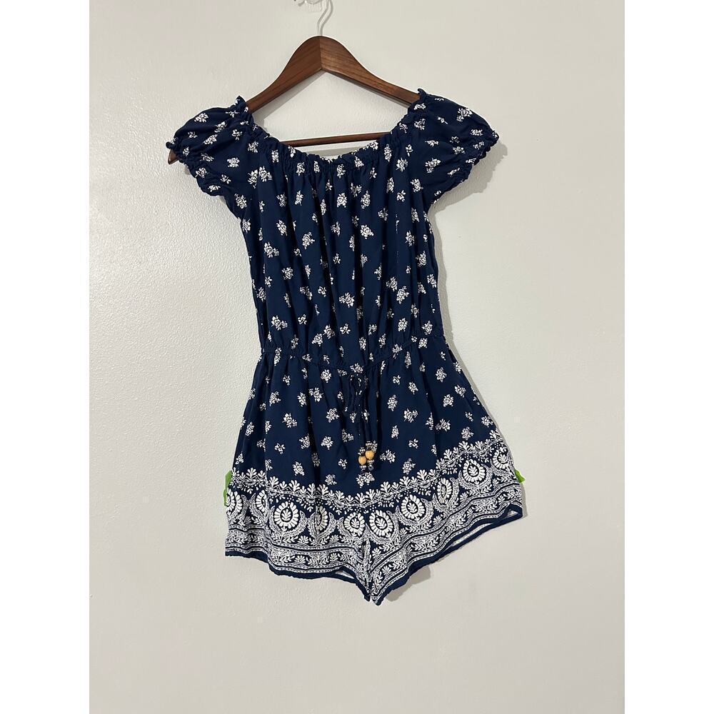 Bebop Blue Flower Printed Off/On Shoulder Romper sz XS
